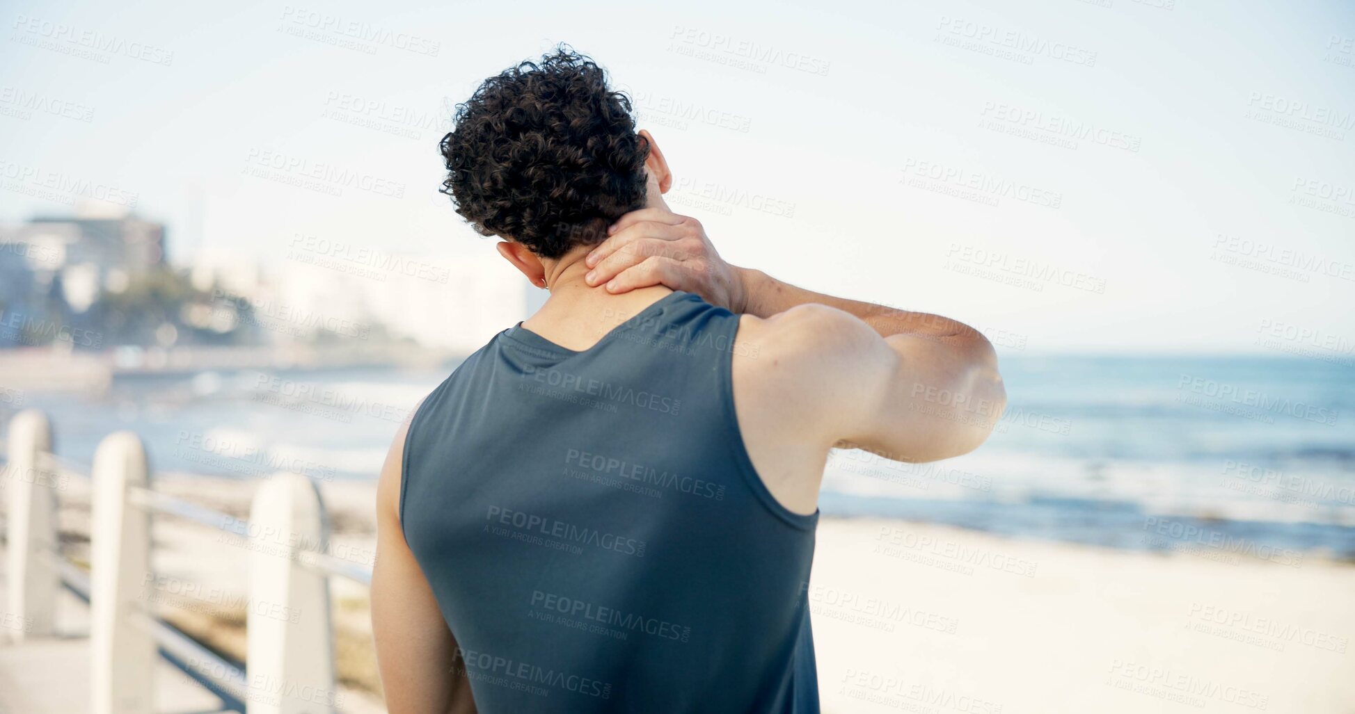 Buy stock photo Man, fitness and neck injury with pain on promenade for workout accident, sprain or pressure. Active, male person or sore ache with discomfort or strain for joint inflammation or muscle tension