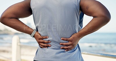 Buy stock photo Fitness, hands and man with back pain from injury, muscle sprain or discomfort on promenade. Runner, person and backache outdoor with uncomfortable ache, sore spine and workout accident or tension