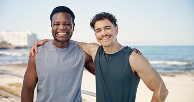 Buy stock photo Portrait, friends and hug by beach for fitness, wellness goals and ready for exercise on weekend. Happy, people and embrace by ocean with training support, teamwork and accountability for workout.
