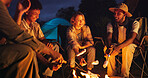 Friends, camping and flames with marshmallow at night for travel, adventure and social gathering. Smile, people and fire for smores snack, group reunion and bonding together on vacation in wilderness