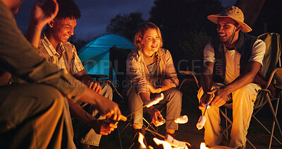 Buy stock photo Friends, camping and flames with marshmallow at night for travel, adventure and social gathering. Smile, people and fire for smores snack, group reunion and bonding together on vacation in wilderness