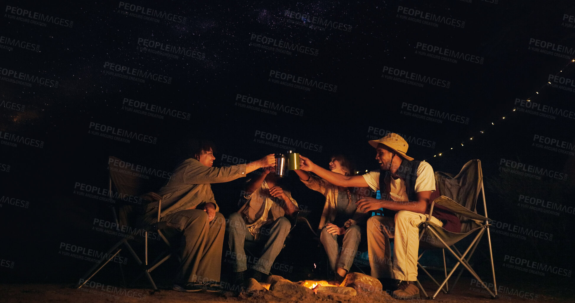 Buy stock photo Camping, night or group at fire with toast, bonding together or celebration in summer getaway. Vacation, space or people in dark with cheers, outdoor activity or evening drinks in healthy friendship.