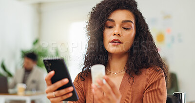 Buy stock photo Woman, phone or pills in office for reading, research side effects or medication reminder on app. Businessperson, drugs or tech in workplace for dosage instructions, medical information or telehealth
