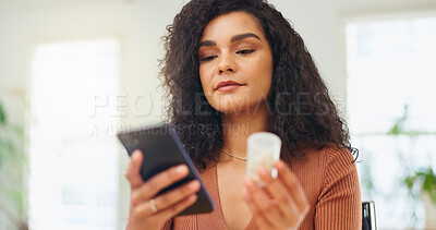 Buy stock photo Woman, mobile or pills in office for reading, research side effects or medication reminder on app. Businessperson, drug or tech in workplace for dosage instructions, medical information or telehealth