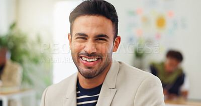 Buy stock photo Portrait, media agency and man in office with smile, career ambition and magazine editor. Happy person, employee and journalist in workplace with creative industry, news reporter and about us
