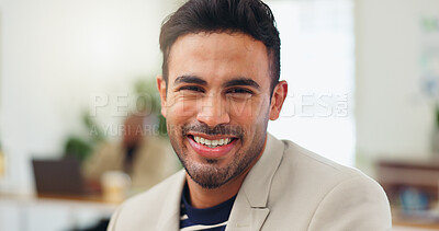 Buy stock photo Portrait, creative agency and man in office with smile, career ambition and magazine editor. Happy person, employee and journalist in workplace with media industry, news reporter and about us