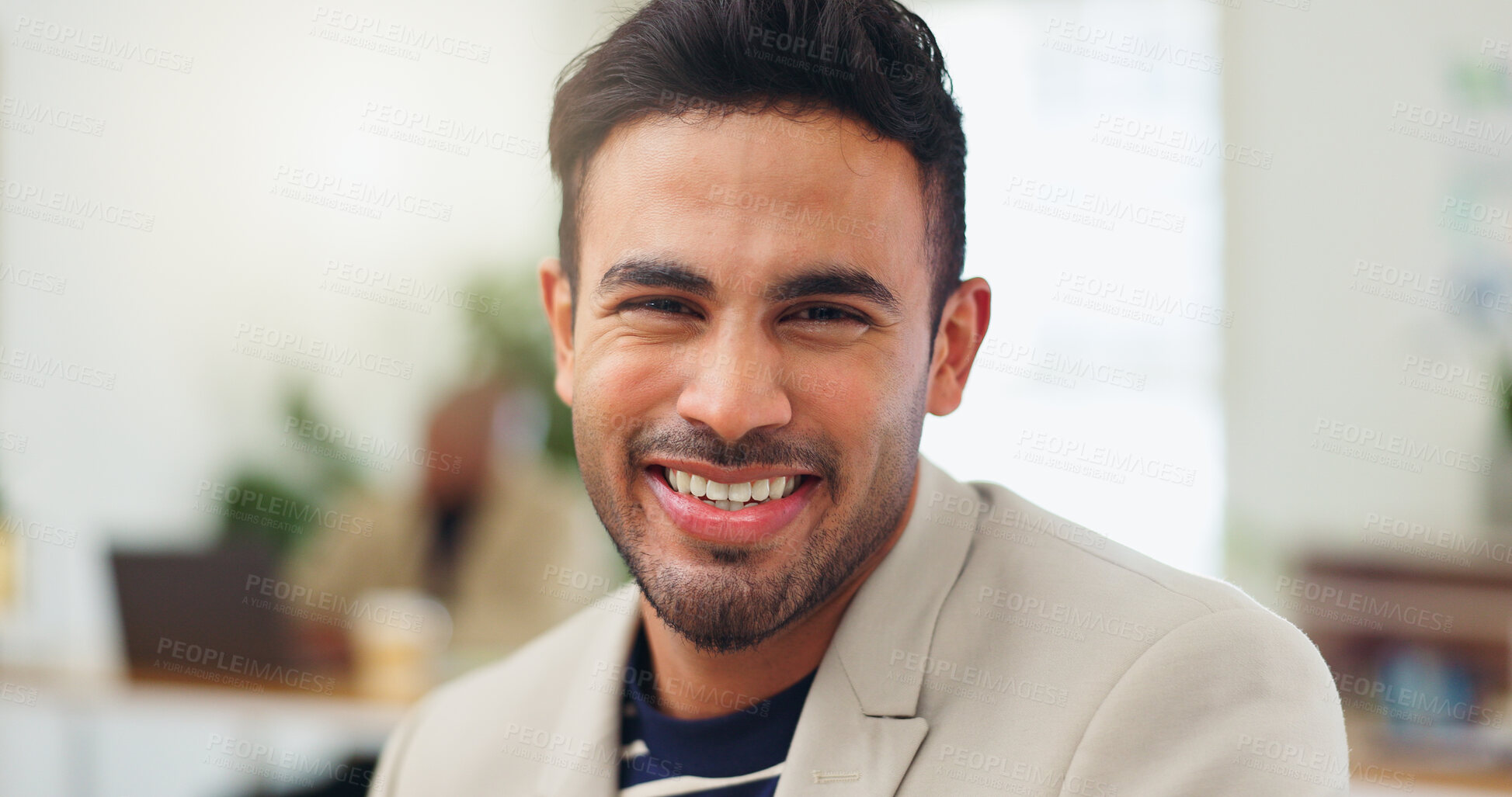 Buy stock photo Portrait, creative agency and man in office with smile, career ambition and magazine editor. Happy person, employee and journalist in workplace with media industry, news reporter and about us