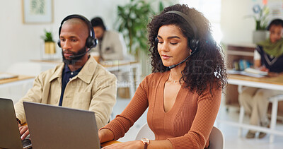 Buy stock photo Office, laptop and people with headset, telemarketing and lead generation on website or consultation. Call center, consultant and group with technology for communication, online and mic for sales