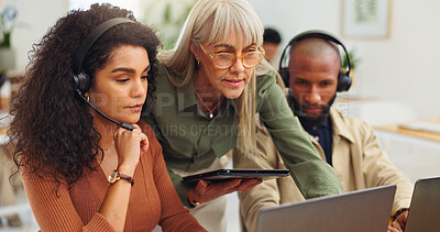 Buy stock photo Call center, advice and team with headset, laptop and mentor with tablet for lead generation or talk. Telemarketing, coworking and people with technology for communication, mic and help for sales