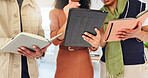 Hands, people and meeting with tablet in office for training, planning and feedback on headline. Team, digital and notebook for coaching advice, editor guidance or proofreading article for submission