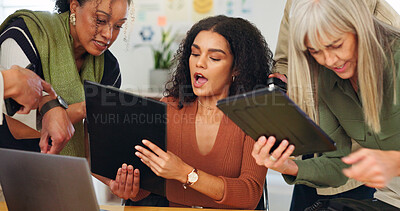 Buy stock photo Woman, clipboard and overwhelmed with team at startup for crisis, tablet and stress for time management. Person, group and frustrated with chaos, tech or multitasking with project at creative agency