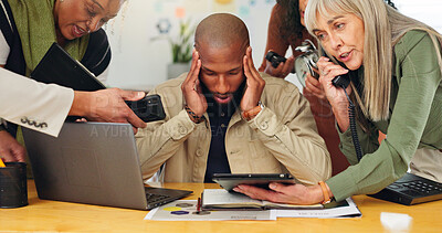 Buy stock photo Man, team and crisis with headache at startup for deadline, multitasking and stress for time management. Person, group and migraine with chaos, report or overwhelmed with project at creative agency