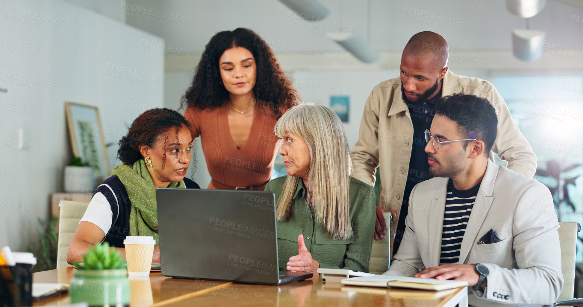 Buy stock photo Advertising, manager or people with laptop in office, planning meeting or promotion campaign development. Feedback, branding project or marketing team together for brainstorming, launch idea or pc