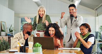 Buy stock photo Applause, excited and people with laptop in creative agency, meeting and launch success for campaign. Winning, scream or happy team with computer for project celebration, brand promotion or clapping