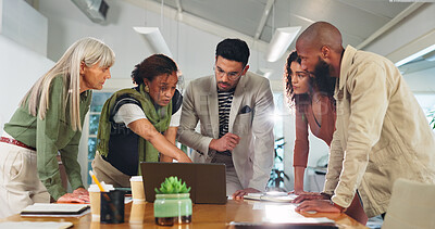 Buy stock photo Advertising, speaking or people with laptop in agency, planning meeting or promotion campaign development. Discussion, branding project or marketing team together for brainstorming, launch idea or pc