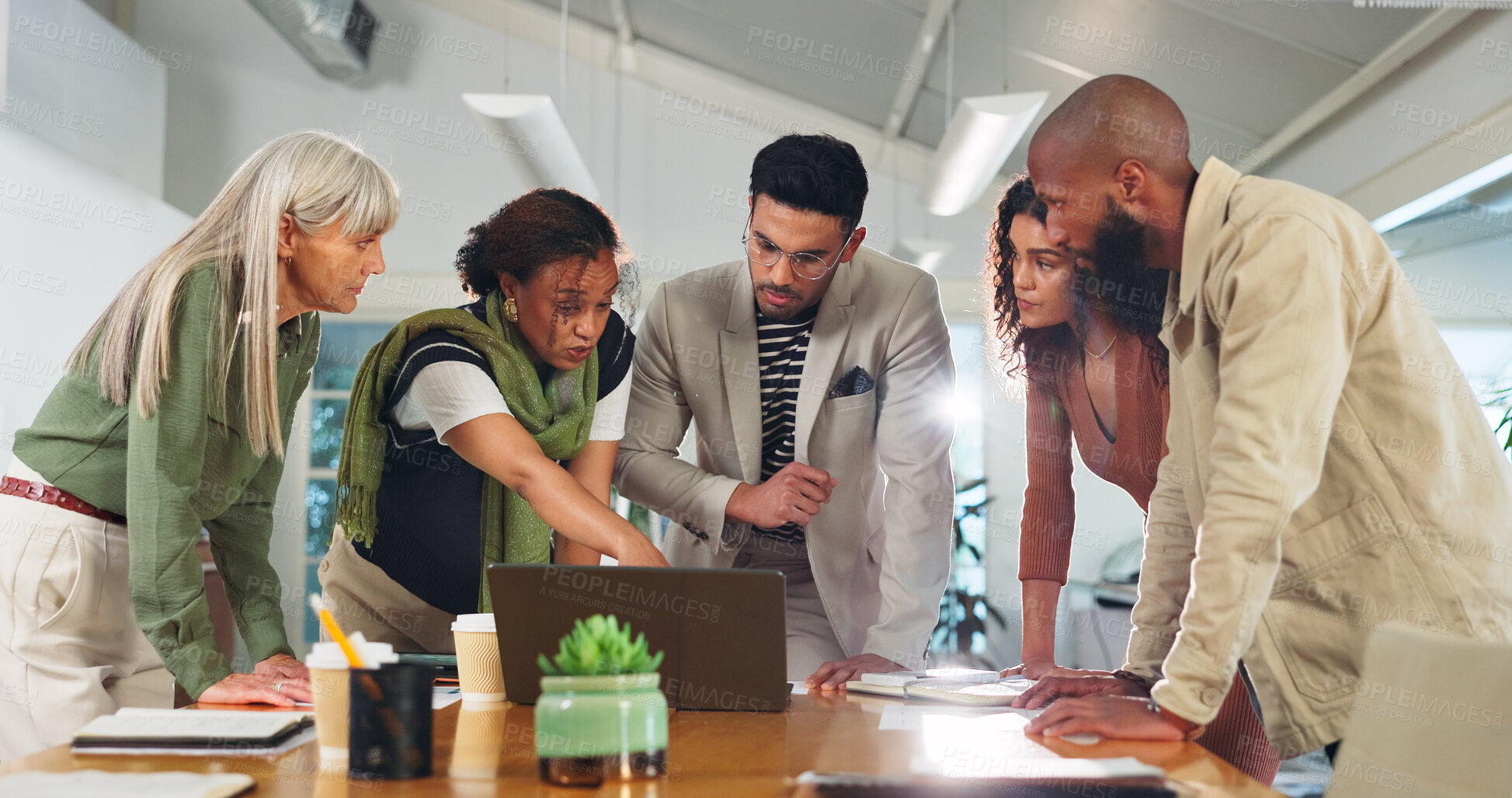 Buy stock photo Advertising, speaking or people with laptop in agency, planning meeting or promotion campaign development. Discussion, branding project or marketing team together for brainstorming, launch idea or pc