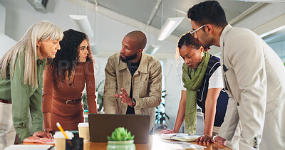 Buy stock photo Advertising, discussion or people with laptop in office, planning meeting or promotion campaign development. Speaking, branding project or marketing team together for brainstorming, launch idea or pc