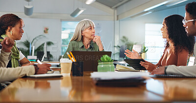 Buy stock photo Creative agency, laptop and people in office, meeting and conversation for project schedule. Group, listening and employees in workplace, cooperation and pc for online review and feedback for pitch