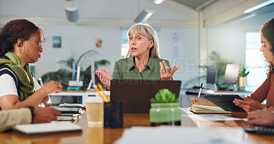 Buy stock photo Creative agency, laptop and woman in office, meeting and conversation for project schedule. Group, mature person or employees with cooperation, advice or pc for online review or feedback for proposal