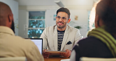 Buy stock photo Creative agency, documents and man in office, meeting or brainstorming for project schedule. Group, funding report or employees with cooperation, talking or pc for online review or feedback for pitch