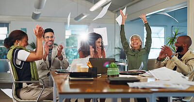 Buy stock photo Happy, business people and winning with applause for project completion, done or finished in office. Excited, group or team clapping with flare or documents in air for success or productive workplace