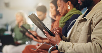 Buy stock photo Business people, hands or waiting room with tablet for research, career or job placement in office. Group, employees or candidates on technology for company information, website or online application