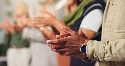 Buy stock photo Hands, applause and team with celebration at startup for goals, success and support at office meeting. Person, group and clapping with motivation, achievement and announcement at creative agency