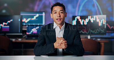 Buy stock photo Portrait, information and anchorman with financial news for stock market update and currency trading. Presentation, man and business tv reporter with advice on foreign exchange for economy growth
