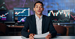 Portrait, anchorman and talking with financial news for trading, market performance and broadcast. Tv reporter, document and graphs with finance announcement, stocks update and talk show for forecast
