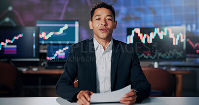 Buy stock photo Portrait, anchorman and talking with financial news for trading, market performance and broadcast. Tv reporter, document and graphs with finance announcement, stocks update and talk show for forecast