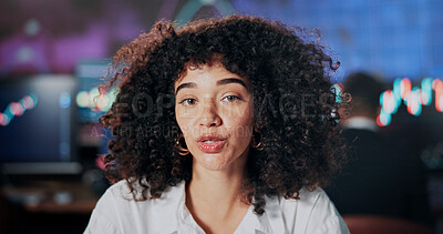 Buy stock photo Portrait, investor and woman in office, video call and info for stock market update. Person, employee and financial advisor in workplace, talking and stats for investment deal and corporate trading