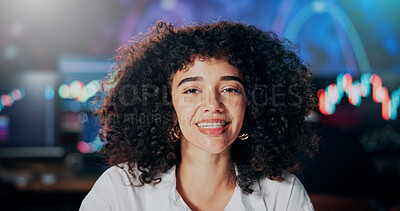 Buy stock photo Portrait, investor and happy woman in office, video call and info for stock market update. Person, online meeting and financial advisor in workplace, speaking and stats for investment POV or trading