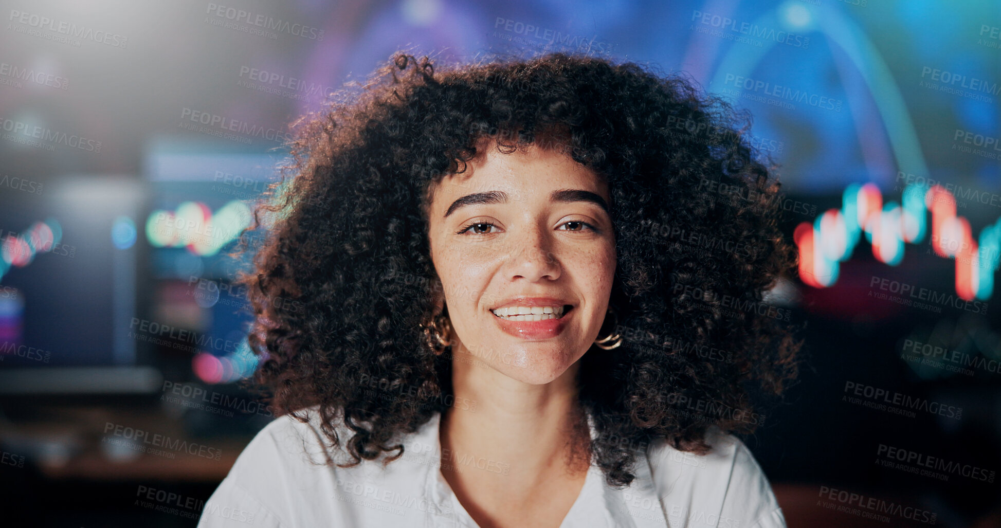 Buy stock photo Portrait, investor and happy woman in office, video call and info for stock market update. Person, online meeting and financial advisor in workplace, speaking and stats for investment POV or trading