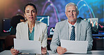 Portrait, document and team with financial news for stock market update and currency trading. Presentation, business people and tv reporter host with advice on foreign exchange for economy growth