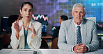 Portrait, journalist and people in newsroom, stock market and team with financial update or talking. Live stream, budget announcement and mature anchor with information for foreign exchange or media
