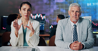 Buy stock photo Portrait, journalist and people in newsroom, stock market and team with financial update or talking. Live stream, budget announcement and mature anchor with information for foreign exchange or media