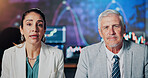 Portrait, news reporters or people in studio, broadcast or financial info for inflation. Employees, man or woman in office, tv presenters or advice for economy crash, stock market update or talking