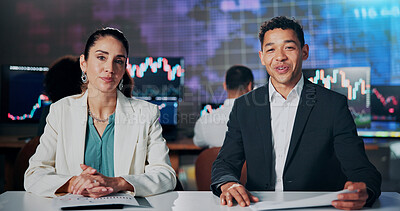 Buy stock photo Portrait, discussion and reporter with financial newsroom for stock market update and currency trading. Presentation, team and tv business people with advice on foreign exchange for economy growth