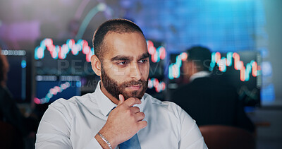 Buy stock photo Businessman, thinking and trader in office with planning, investment and stock market. Male person, consultant or investor with fintech for information, report or trading for currency exchange