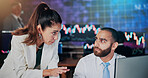 Woman, man and trading with computer at office with discussion, review and charts at finance company. Business people, stock broker and mentor with feedback, insight or graphs for investment porfolio