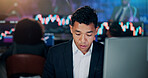 Businessman, broker and night with computer for stock market research or online trading in office. Man, trader or employee working late with graph or chart for digital currency or assets in workplace