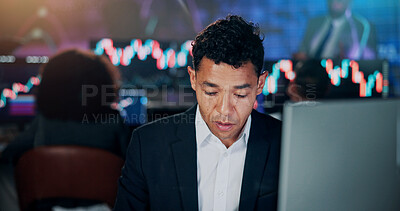 Buy stock photo Businessman, broker and night with computer for stock market research or online trading in office. Man, trader or employee working late with graph or chart for digital currency or assets in workplace