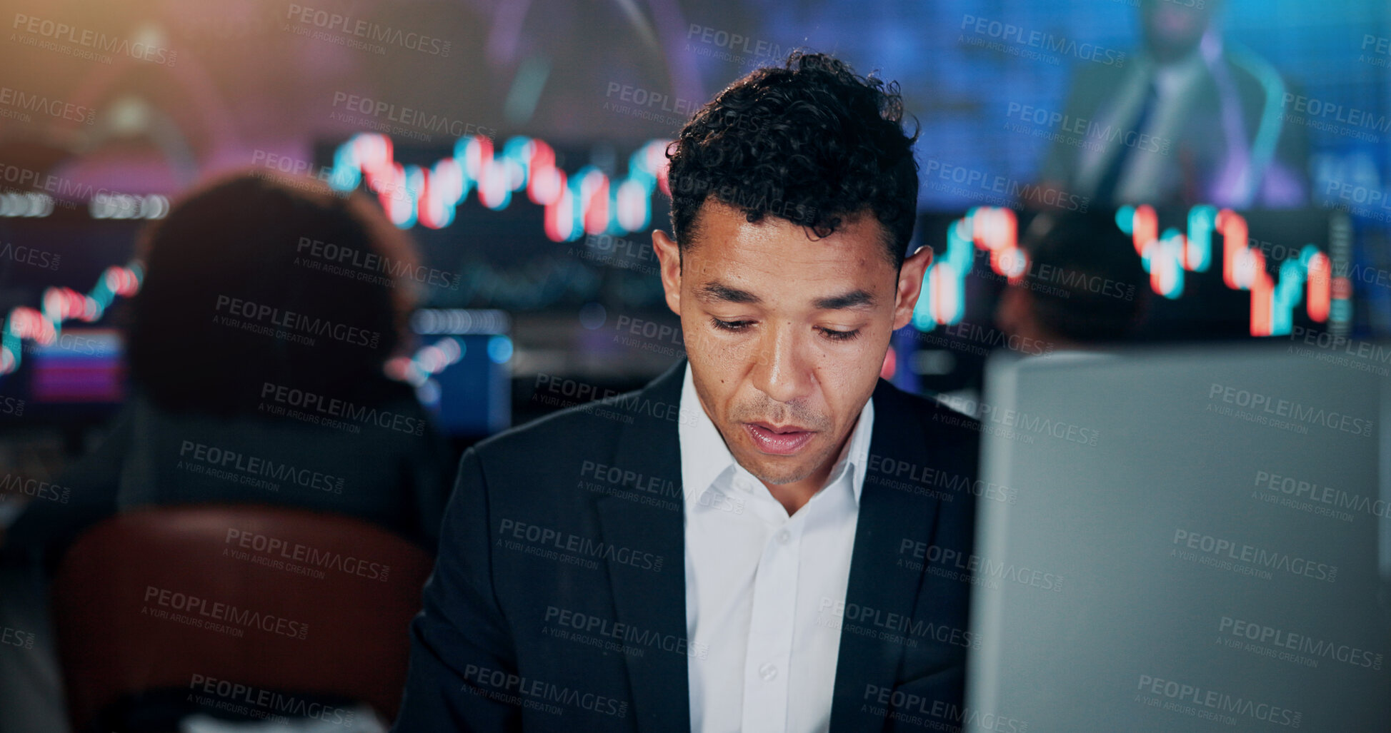 Buy stock photo Businessman, broker and night with computer for stock market research or online trading in office. Man, trader or employee working late with graph or chart for digital currency or assets in workplace
