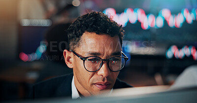 Buy stock photo Man, computer and trading at office with review, charts and glasses for insight with stock market stats. Person, broker or advisor with pc, feedback and asset management with investment at agency