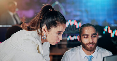 Buy stock photo Business people, discussion and training in office with planning, investment and stock market. Teamwork, trader or investor with fintech for information, report or trading for currency exchange