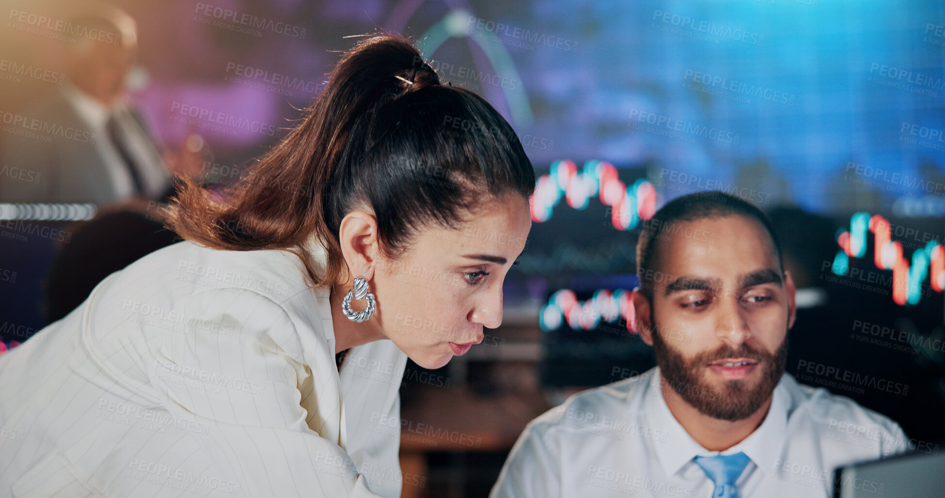 Buy stock photo Business people, discussion and training in office with planning, investment and stock market. Teamwork, trader or investor with fintech for information, report or trading for currency exchange