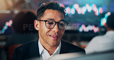 Buy stock photo Man, trading and happy with computer in office for review, charts or stock market report at company. Person, broker and smile with glasses, pc and fintech for graphs with stats at investing agency