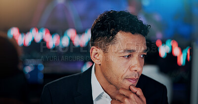 Buy stock photo Businessman, thinking and information in office with planning, investment and stock market. Person, trader or investor with fintech for consultant, report or trading for currency exchange at night
