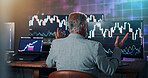 Businessman, trading and shock with monitor for market crash, charts or back at finance company. Mature person, broker and mistake with graphs, computer screen and stats error at investment agency