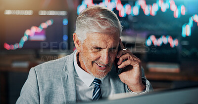 Buy stock photo Businessman, phone call and consultant in office with communication, investment and stock market. Mature person, trader or investor with fintech for problem solving, report or trading advice